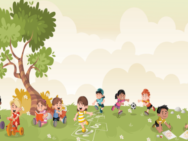 Velkommen til Løgstrup, AI billede af en masse børn som leger udenfor på en græsplæne.